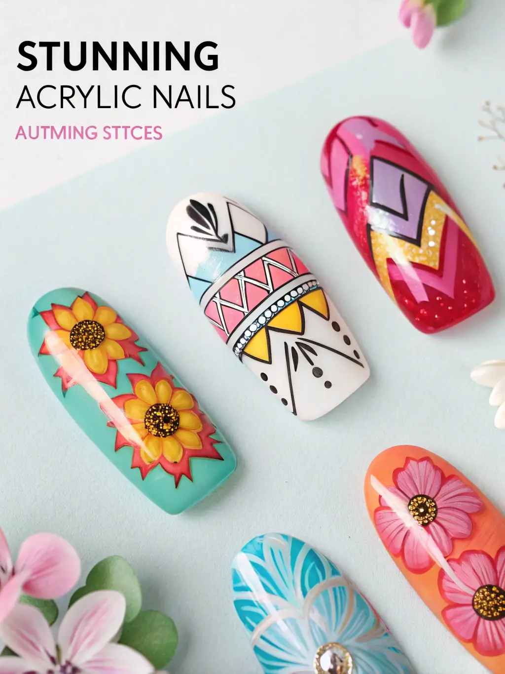 A vibrant display of various nail art designs, showcasing intricate patterns, colors, and embellishments created by World Nail Spa's skilled technicians.