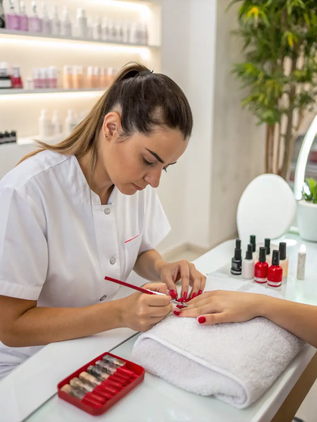 A technician applying gel nail polish to a client's nails, highlighting the precision and attention to detail in the gel manicure service at World Nail Spa.